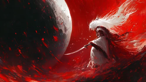 Crimson void duelist before eclipsed world in stormed red.