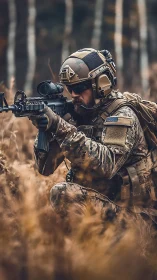 Tactical soldier aims rifle in autumn field under tense calm