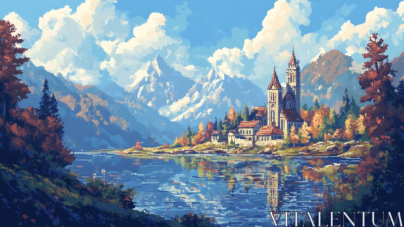 Pixel art alpine lakeside village with cathedral reflection.