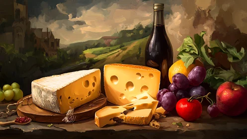 Rustic still life with cheese, wine bottle, fruit, countryside backdrop