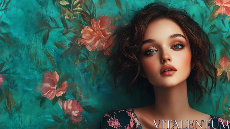 Digital portrait against teal floral painterly backdrop.