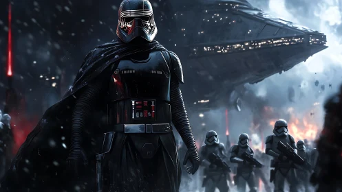 Dark armored leader strides through a storm of galactic fire.