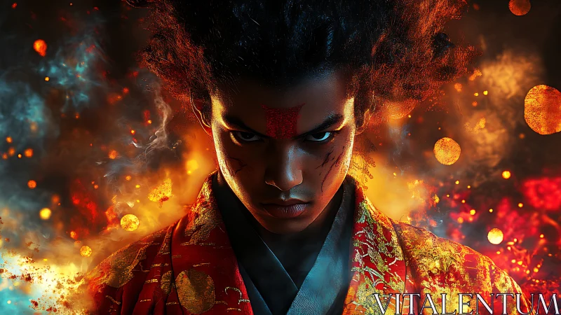 Intense fire-wreathed warrior stares forward with blazing focus