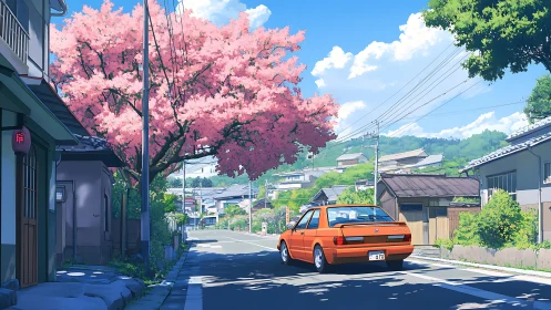 Orange car passes cherry blossoms on a calm spring street.
