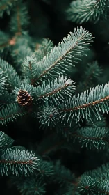 Evergreen fir needles and pine cone rendered in crisp macro focus