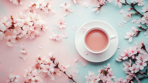 Pink tea surrounded by cherry blossoms. Serene spring composition.