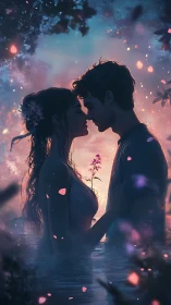 Ethereal Silhouettes: Romantic Couple Submerged in Luminous Particle Atmosphere