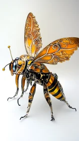 Steampunk mechanical bee sculpture with ornate amber wings.