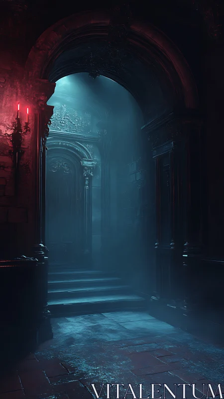 Moonlit gothic archway breathing in red candle whispers.