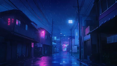 Neon washed rainy street glowing softly in deep blue night.