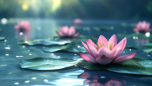 Pink water lily on still pond surface with soft light.