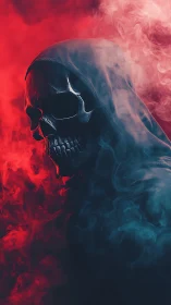 Hooded skull emerges through bold red and blue drifting smoke