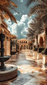 Mediterranean courtyard promenade under dramatic clouds.