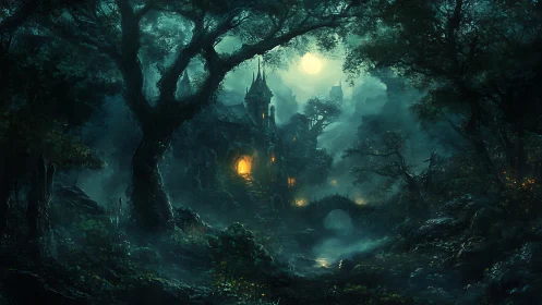 Moonlit forest cottage glowing with quiet, magical warmth.