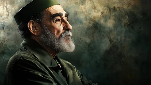 Elderly man in uniform profile against textured backdrop.