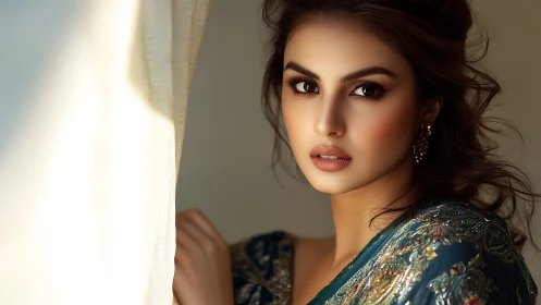 Elegant woman in embroidered saree by window, soft natural light.