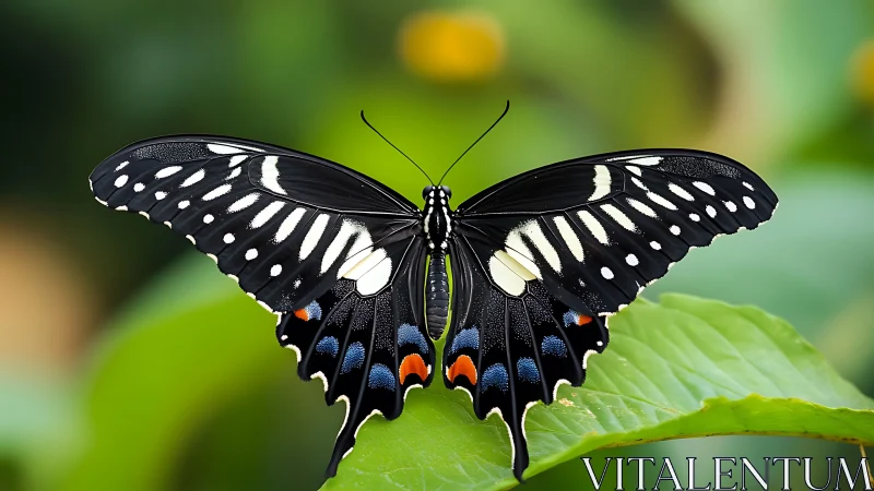 Graceful black butterfly resting on fresh green leaf.