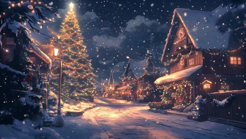 Snowy village street with lit Christmas tree at night.