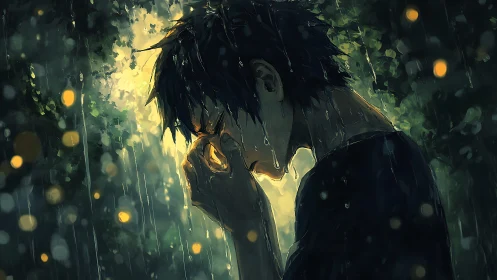 Rain-soaked soul pausing beneath lantern-lit forest sorrow.