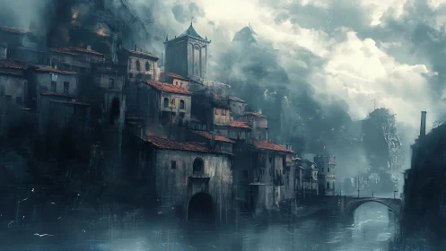 Storm-soaked cliff city broods beneath a restless, silver sky