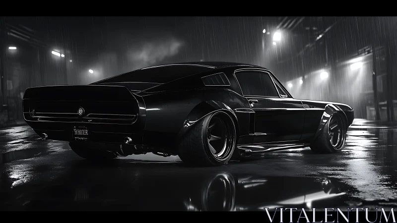 Widebody fastback muscle car under cinematic rain lighting at night