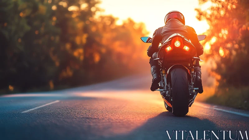 Sport motorcycle rider on sunset country highway.
