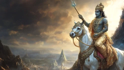 Mythological warrior on white horse in ornate mountain landscape.