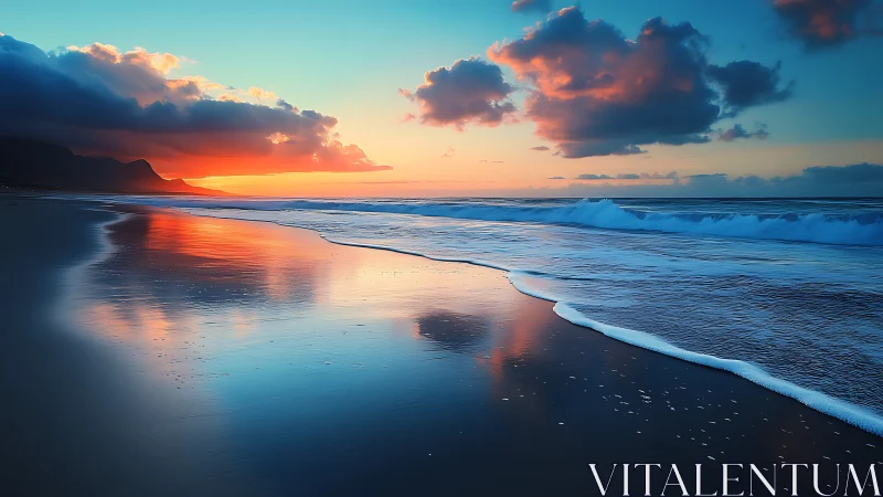 Coastal shoreline with reflective wet sand at sunset time.