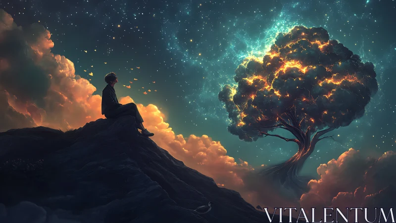 Star-dusted dreamer watching a celestial ember tree ignite.