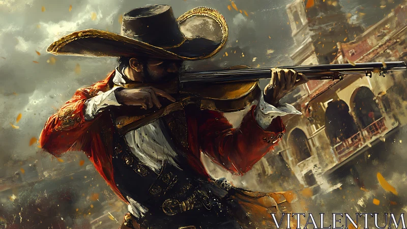 Gunslinger in ornate attire aiming rifle in urban setting.