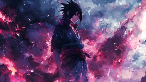 Dark anime swordsman stands in swirling cosmic flames.