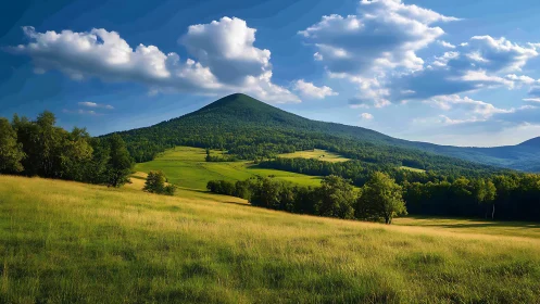 Photorealistic pastoral hillside under sculpted cumulus sky.