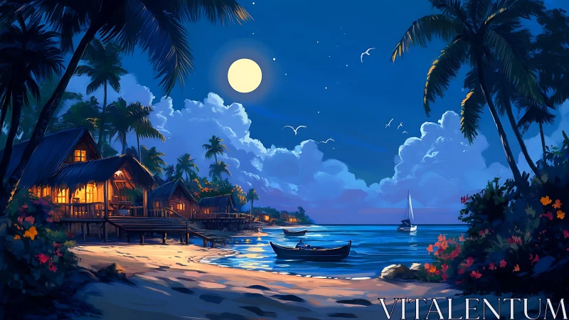 Tropical Beach Haven Under Moonlight.