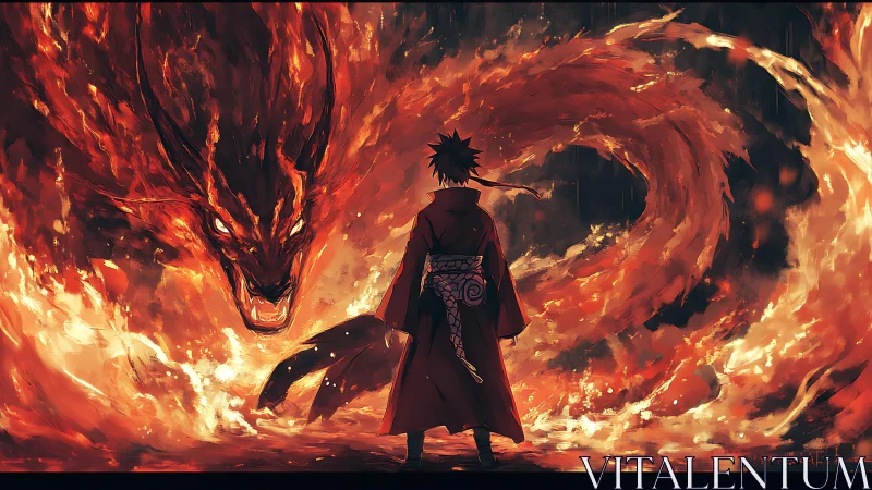 Lone mage confronts roaring fire dragon in storm of flames.
