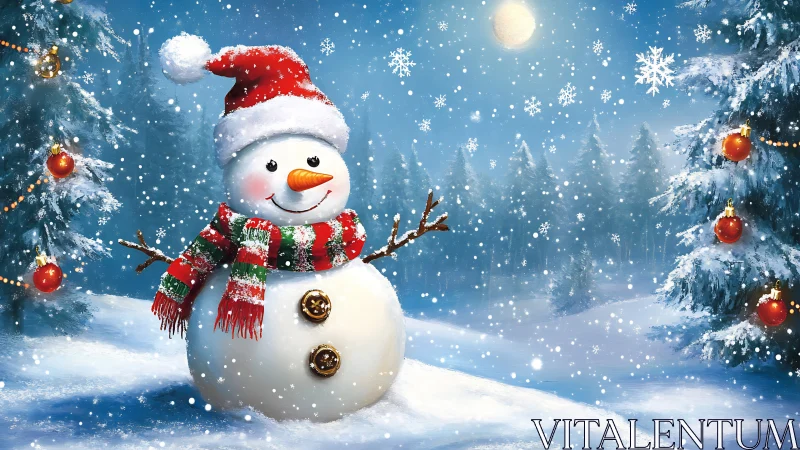 Cheerful snowman in festive winter forest under snowfall.