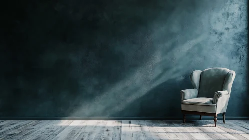 Armchair stands in empty room with textured dark teal wall