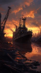 Rusting industrial shipyard under dramatic volumetric sunset sky