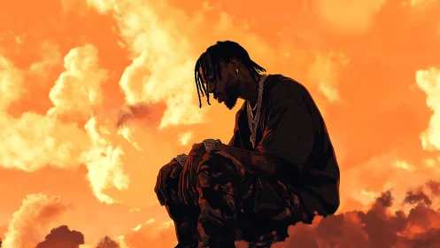 Silhouetted rapper in contemplative pose against blazing sky.