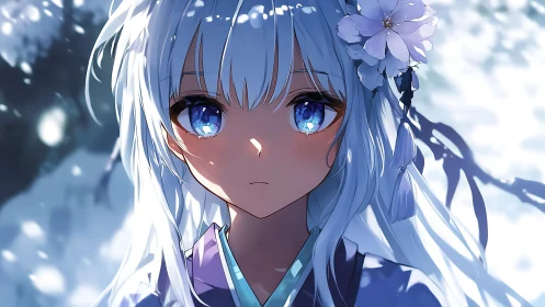 White-haired anime figure with blue eyes in snowy setting.
