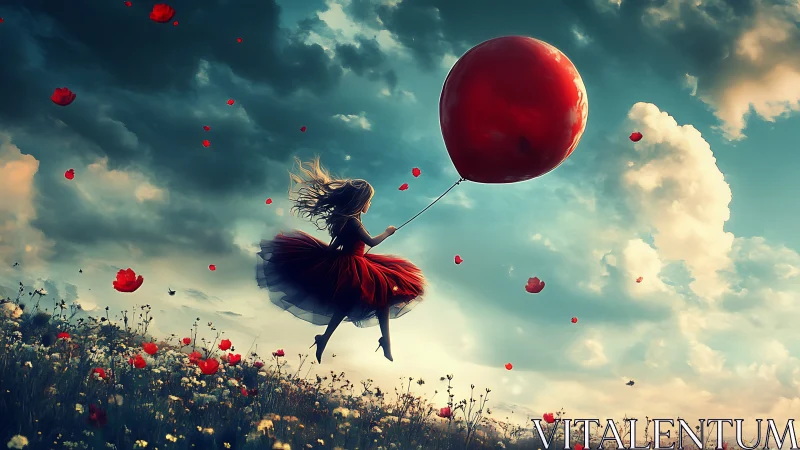 Girl in red dress soaring with balloon over poppy field.