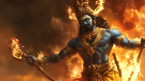 Blue-skinned mythic warrior with flaming axe in inferno
