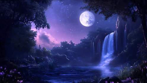 Digital landscape depicts moonlit waterfall and forest river
