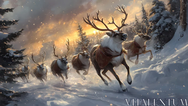 Reindeer running through snowy forest at winter sunset.