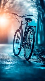 Urban Bicycle Silhouette in Neon-Lit Cityscape.