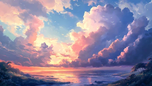 Coastal horizon under dense illuminated cumulus cloudscape.