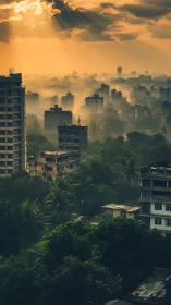 Atmospheric urban skyline under volumetric crepuscular light.