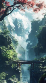 Mountain gorge contains bridge, waterfall and distant pagodas