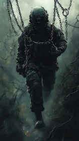 Silent soldier stepping through chains and haunted mist.