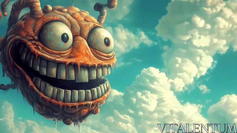 Grotesque orange sky creature drips above bright clouds.