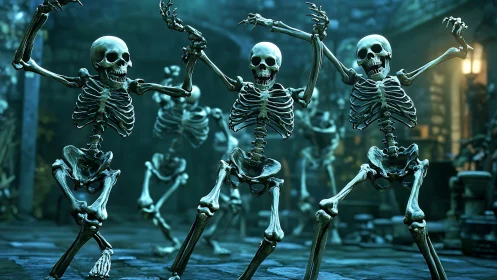 Midnight skeleton dance party in a glowing crypt.
